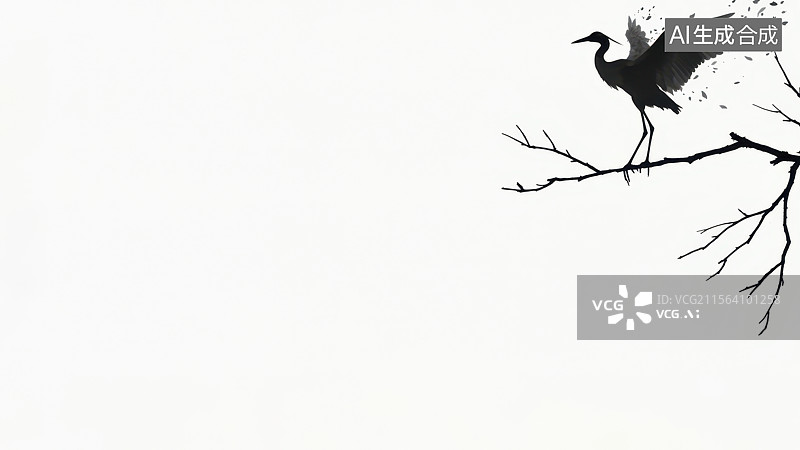 【AI数字艺术】水墨画右上黑鸟栖息在枯枝上图片素材