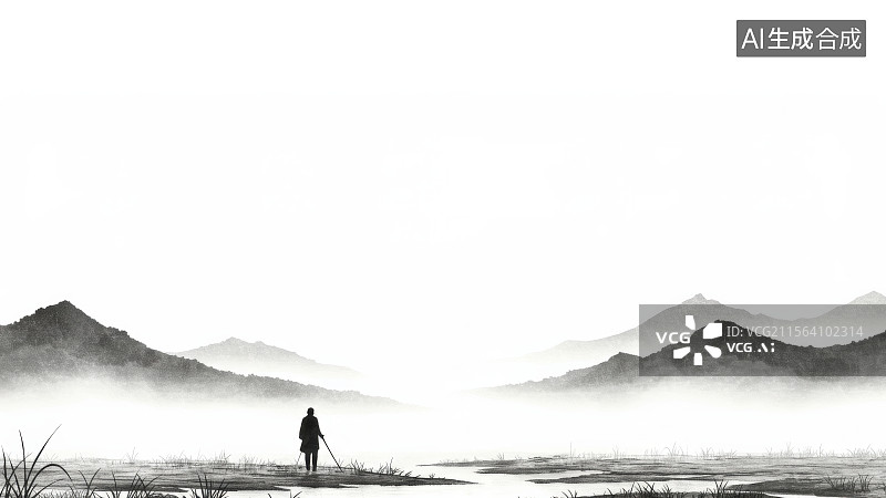 【AI数字艺术】水墨画居下孤身旅人行走在山间图片素材