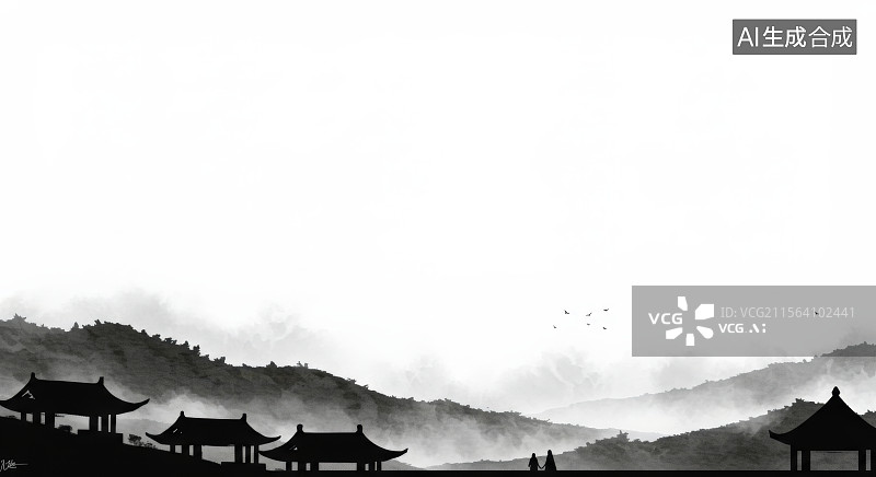 【AI数字艺术】水墨画居下水墨画风格的山景与传统建筑图片素材