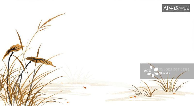 【AI数字艺术】水墨画居左水边的干草和芦苇图片素材