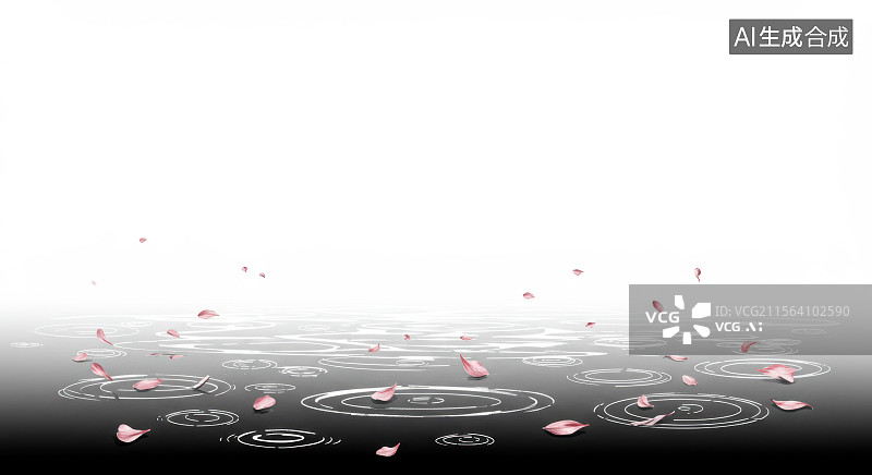 【AI数字艺术】水墨画居下花瓣飘落水面的涟漪图片素材