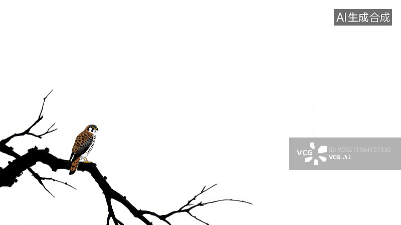 【AI数字艺术】水墨画左下栖息在树枝上的猛禽图片素材