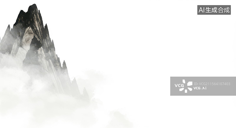 【AI数字艺术】水墨画左上云雾缭绕的山峰图片素材