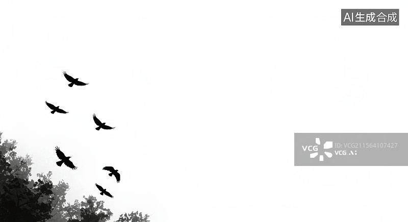 【AI数字艺术】水墨画左下一群飞鸟在天空中飞翔图片素材