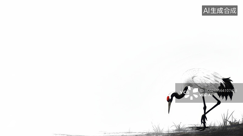 【AI数字艺术】水墨画右下白鹤觅食图片素材