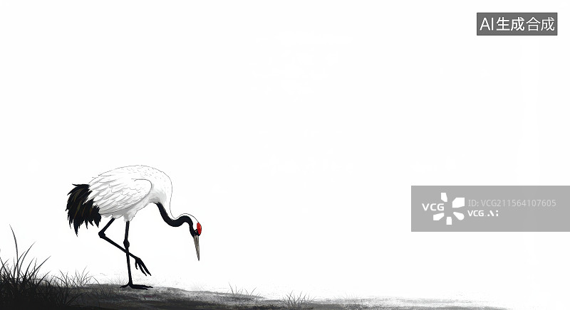 【AI数字艺术】水墨画左下白鹤觅食图片素材