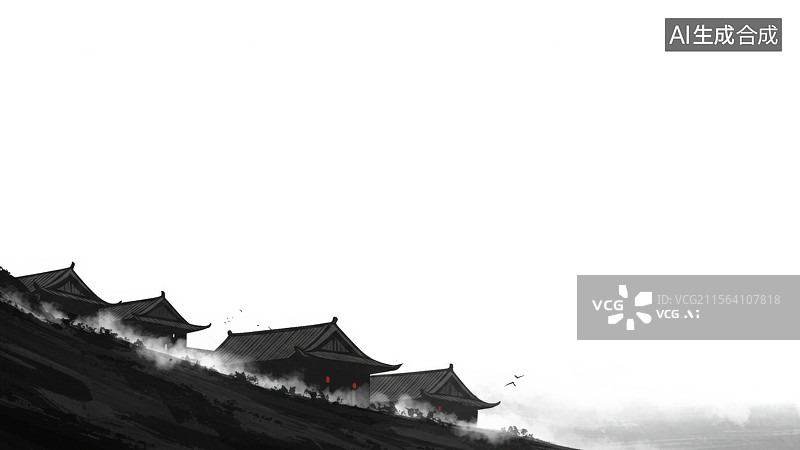 【AI数字艺术】水墨画左下山脊上的传统建筑群图片素材