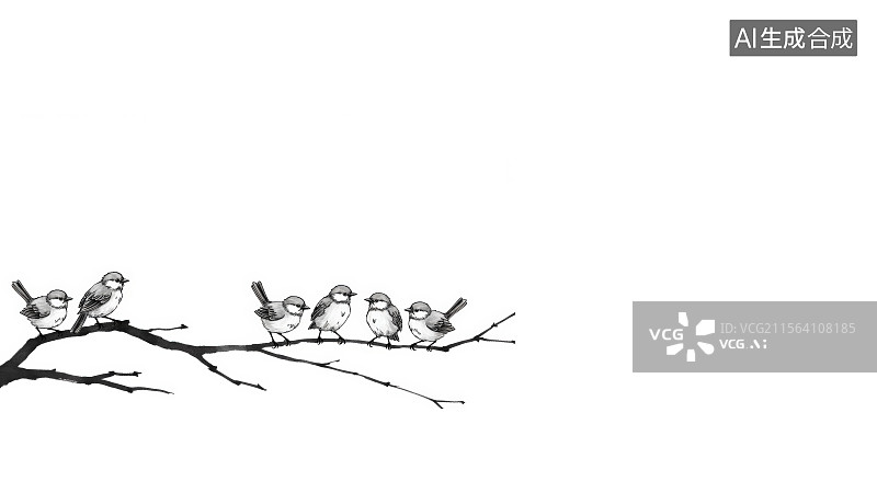 【AI数字艺术】水墨画左下小鸟栖息在树枝上图片素材