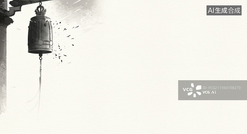【AI数字艺术】水墨画左上悬挂的风铃在白色背景中图片素材