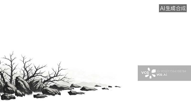 【AI数字艺术】水墨画左下岩石海岸的枯树景观图片素材