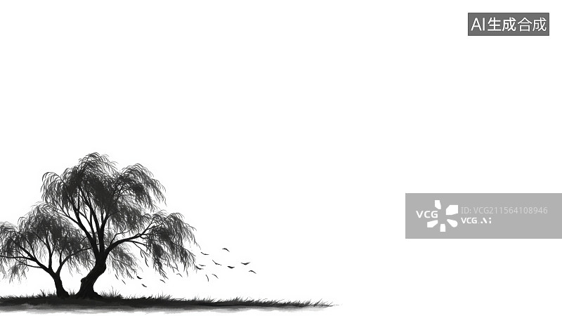 【AI数字艺术】水墨画左下孤独的柳树在风中摇曳图片素材