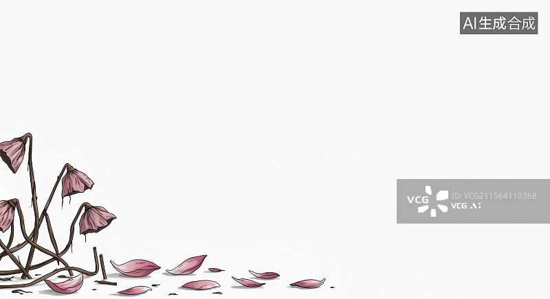 【AI数字艺术】水墨画左下凋零的花朵与散落的花瓣图片素材