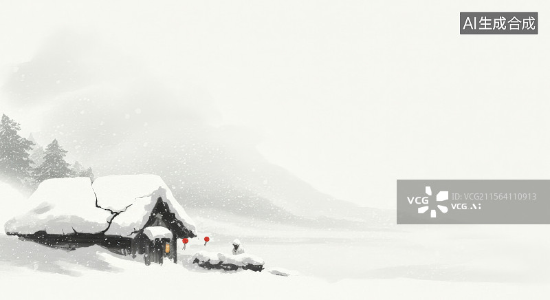 【AI数字艺术】水墨画左下雪中的小屋图片素材