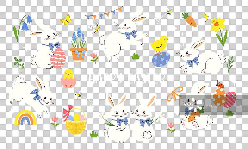 绿色背景上的可爱白色复活节兔子剪贴画图片素材