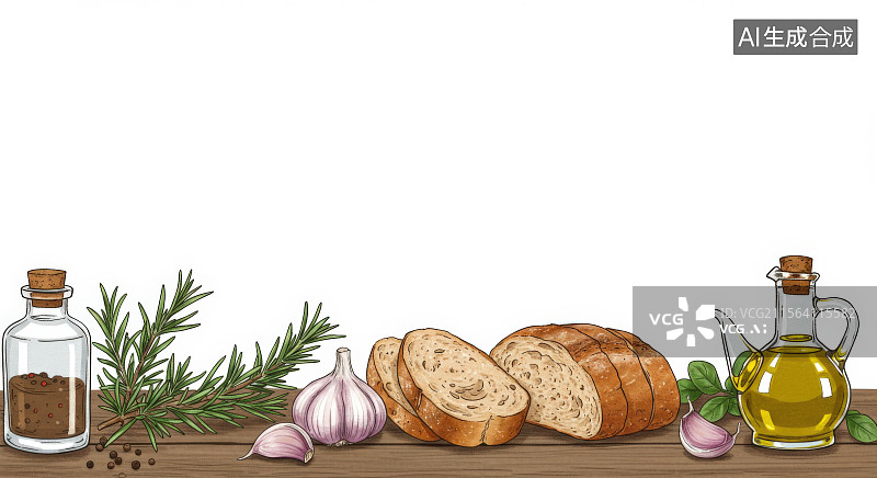 【AI数字艺术】2D卡通居下面包、橄榄油、大蒜和迷迭香图片素材