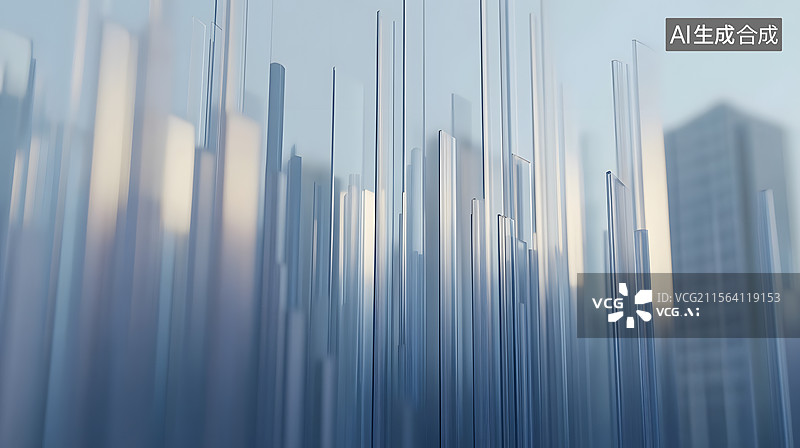 【AI数字艺术】蓝色渐变背景上的玻璃建筑与数据柱状图图片素材
