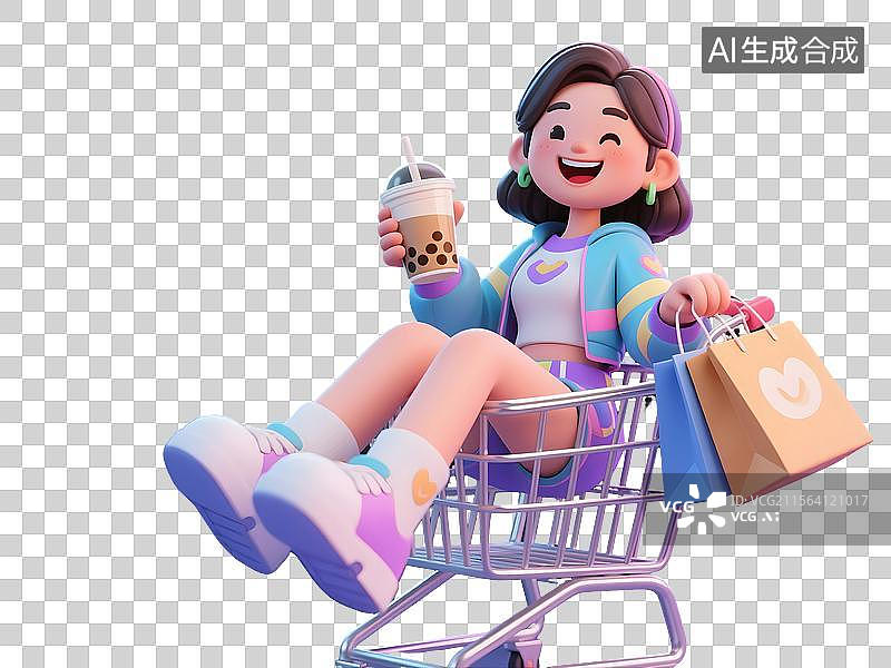 【AI数字艺术】3D潮趣女郎的购物车欢愉时刻图片素材