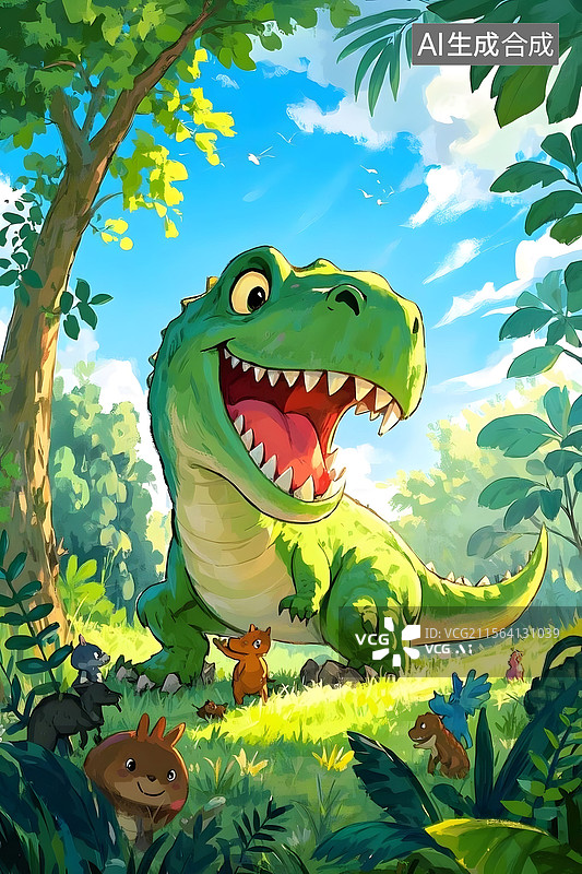 【AI数字艺术】绿色恐龙在森林玩耍的卡通插画图片素材