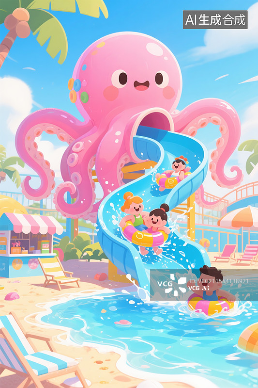 【AI数字艺术】夏日主题水公园插画，巨型章鱼滑梯，粉蓝渐变色天空图片素材