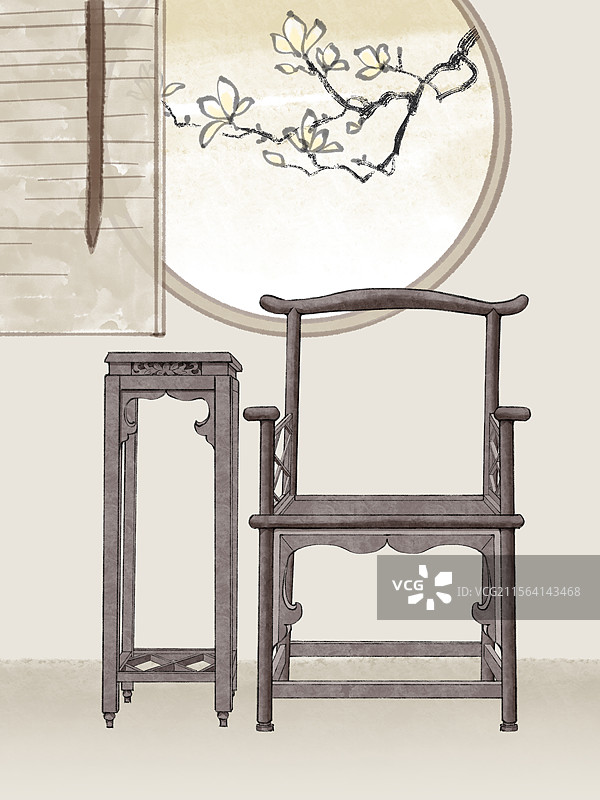 手绘中式风格室内休息角落桌子椅子茶几小场景插画。图片素材