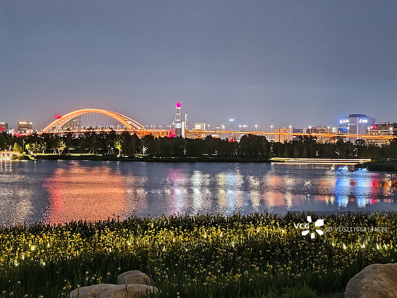 上海夜未央：卢浦大桥多彩灯光秀与上海世博文化公园湖畔花海图片素材