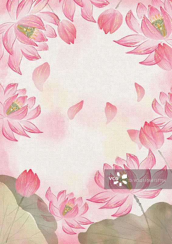 中式粉色清新手绘荷花花卉国画装饰画素材图片素材