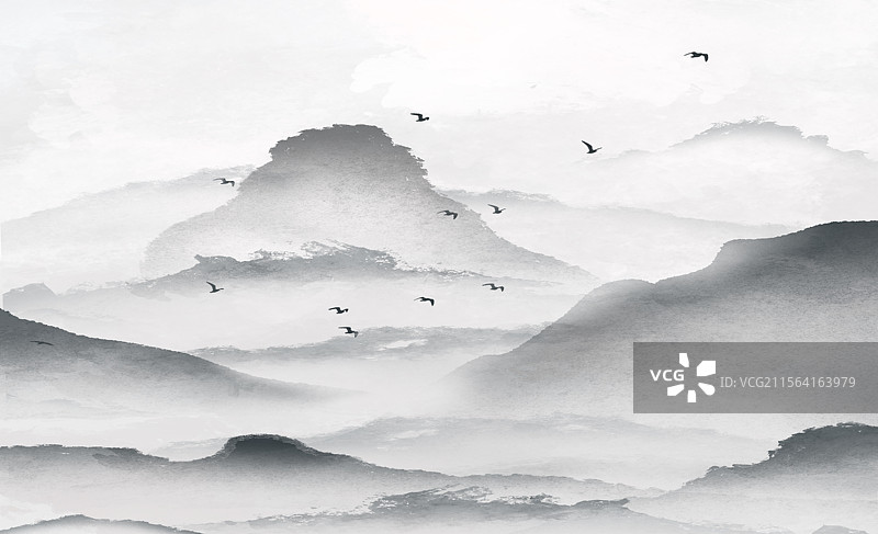 横版水墨山水风景插画图片素材