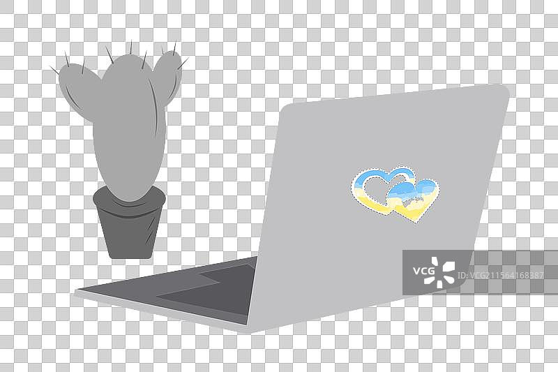 花盆里的仙人掌和带心形的笔记本电脑图片素材