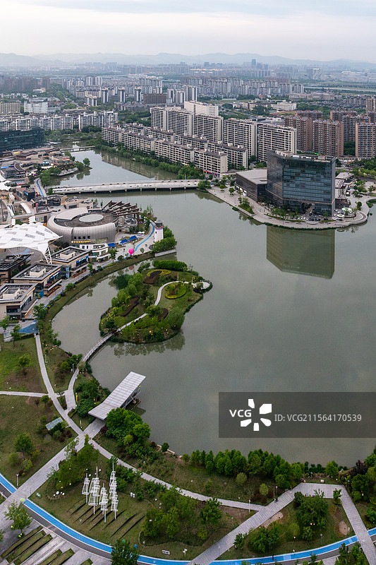 浙江宁波镇海庄市同心湖航拍景色图片素材