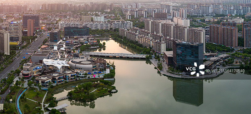 浙江宁波镇海庄市同心湖航拍景色图片素材