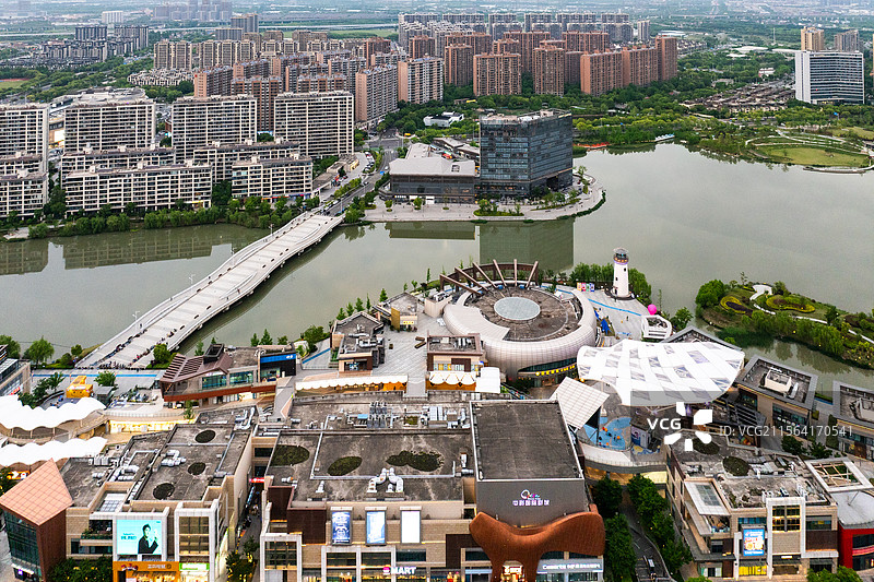 浙江宁波镇海庄市同心湖航拍景色图片素材