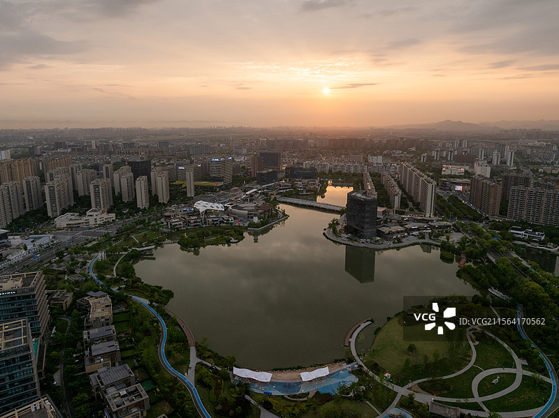 浙江宁波镇海庄市同心湖航拍景色图片素材