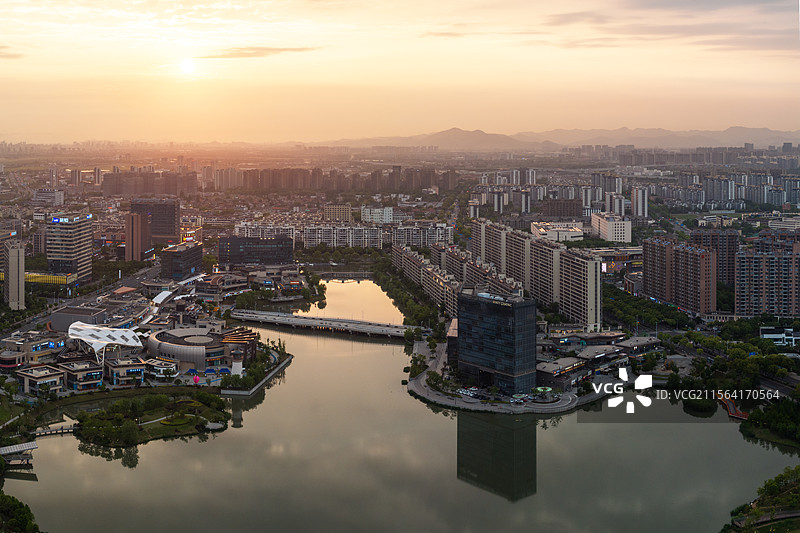 浙江宁波镇海庄市同心湖航拍景色图片素材