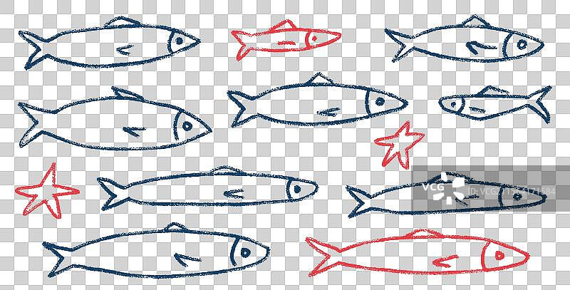 手绘沙丁鱼线条涂鸦套装图片素材