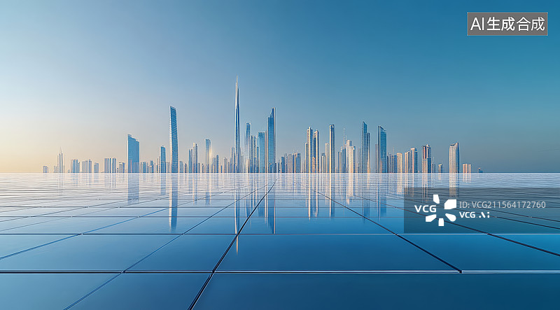 【AI数字艺术】现代城市天际线与反射水面图片素材