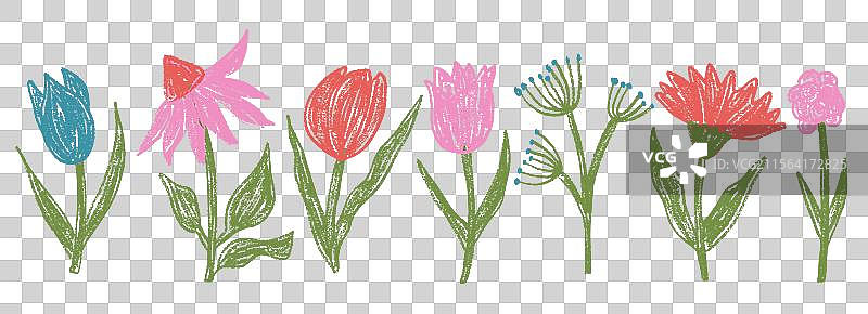 春天的花朵蜡笔画套装：郁金香、雏菊和紫菀图片素材