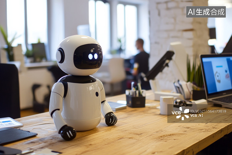 【AI数字艺术】现代办公室桌面上的迷你智能机器人图片素材