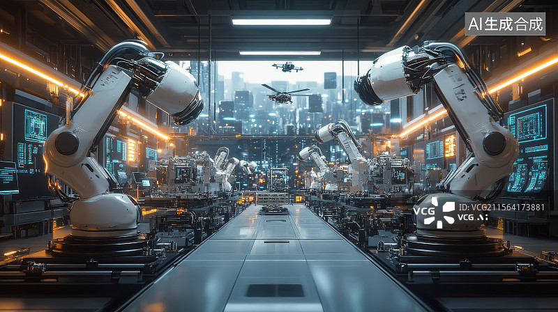 【AI数字艺术】未来工厂中黄色机械臂协作生产图片素材