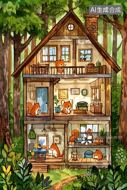 【AI数字艺术】森林小屋里的松鼠图片素材