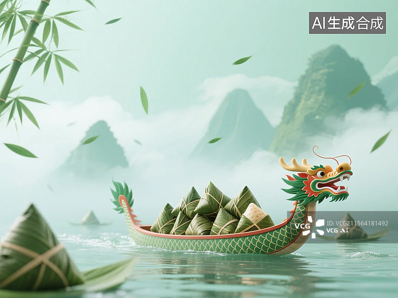 【AI数字艺术】承载粽子的龙舟于山水间竞渡的端午节传统场景画面  青山绿水 3D龙舟 粽子图片素材