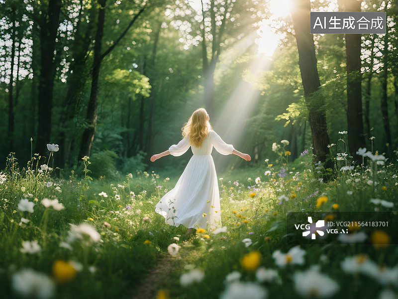 【AI数字艺术】年轻女子在大自然中享受阳光图片素材
