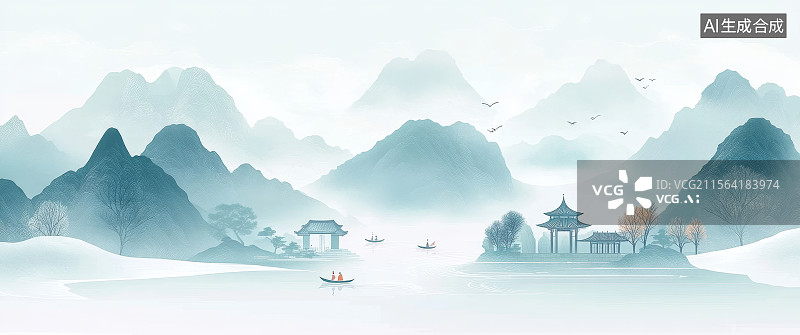【AI数字艺术】水墨画风格的山水景观图片素材