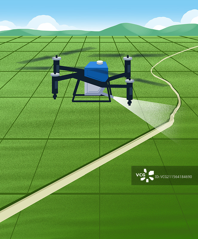 现代化发展科学科技乡村振兴无人机遥控打农药农田田地田野老家家园家乡麦田风景远山插画图片素材