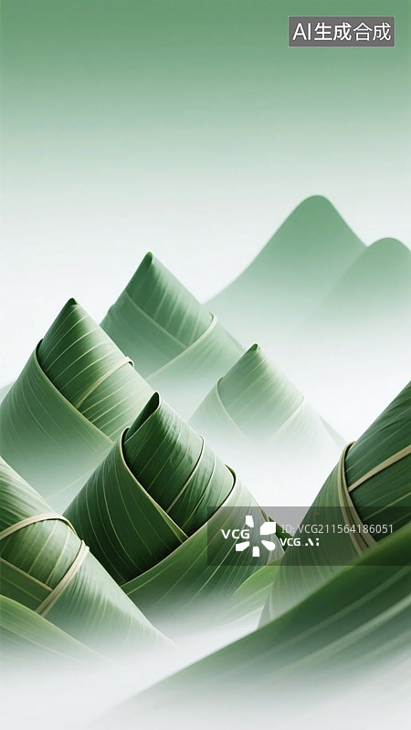 【AI数字艺术】粽叶衬托下的粽子展现端午节传统意象的清新简约画面图片素材
