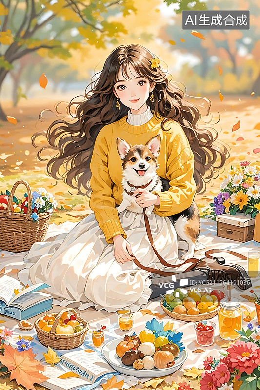 【AI数字艺术】秋日午后女孩与柯基图片素材