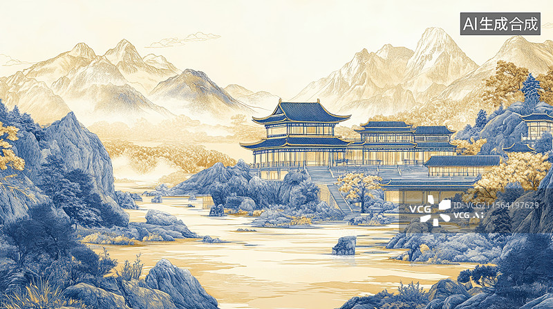 【AI数字艺术】国潮风建筑线条图片素材