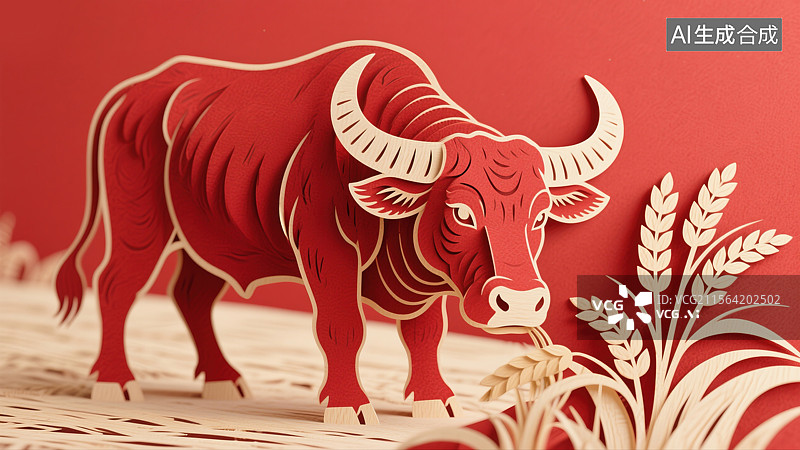 【AI数字艺术】十二生肖剪纸插画牛年吉祥红牛守护稻穗迎接中国新年非物质文化遗产艺术乡村振兴农耕传统商业背景图片素材