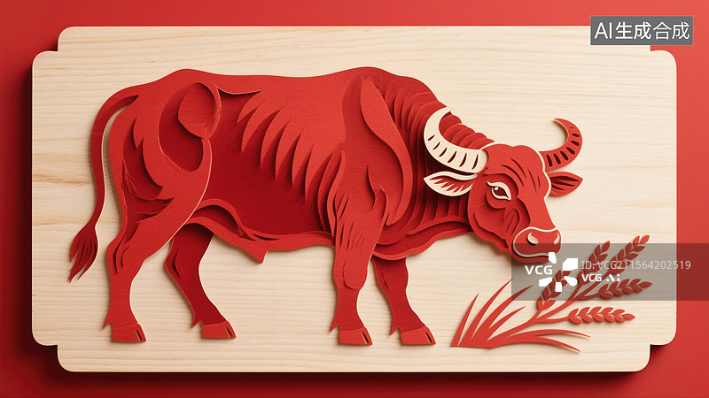【AI数字艺术】十二生肖剪纸插画牛年吉祥红牛守护稻穗迎接中国新年非物质文化遗产艺术乡村振兴农耕传统商业背景图片素材