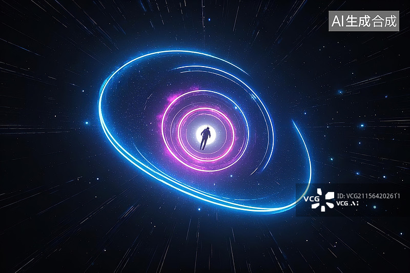【AI数字艺术】黑暗空间中光粒子环绕的卡通人物剪影图图片素材
