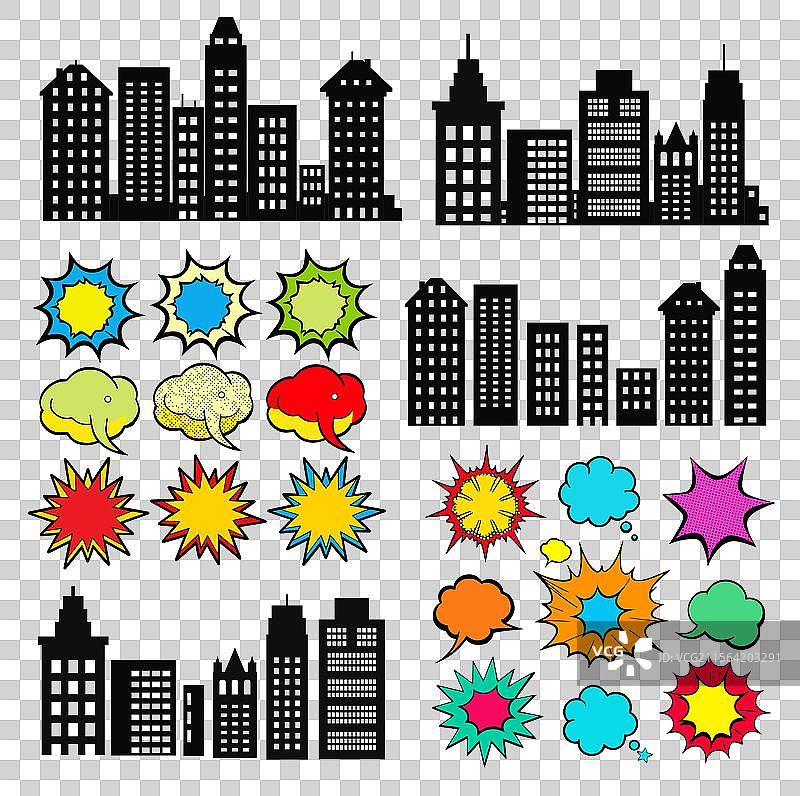 漫画书城市天际线和对话气泡图片素材